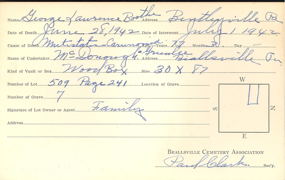George Lawrence Boothe burial card
